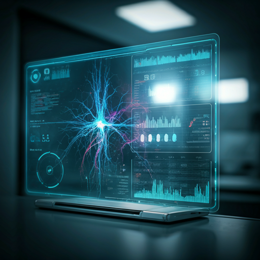 Elegant medical interface with neural scanning overlays and colorful biometric data streams in a sterile laboratory setting